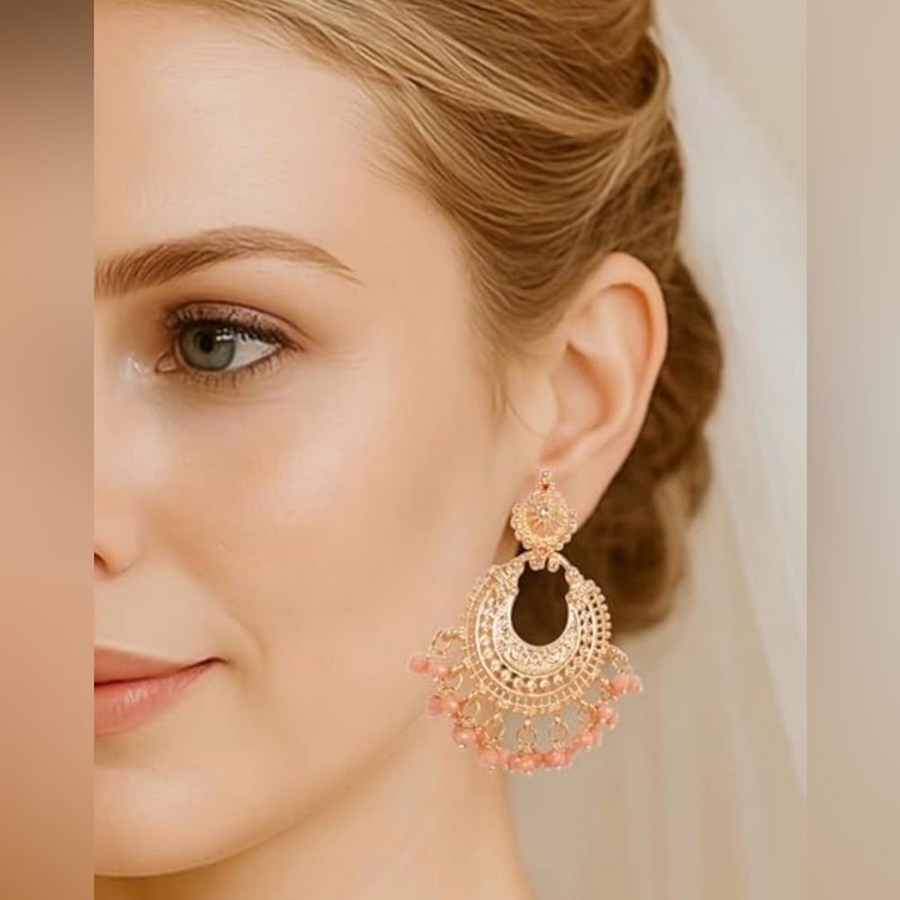 Bollywood Inspired Touchstone Statement Gold Plated Chandelier Earrings - Picture 2 of 6